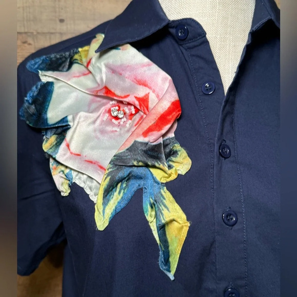 🌻 Soft Surroundings Ella Floral Appliqué Tunic Top Navy size Small - Picture 5 of 11